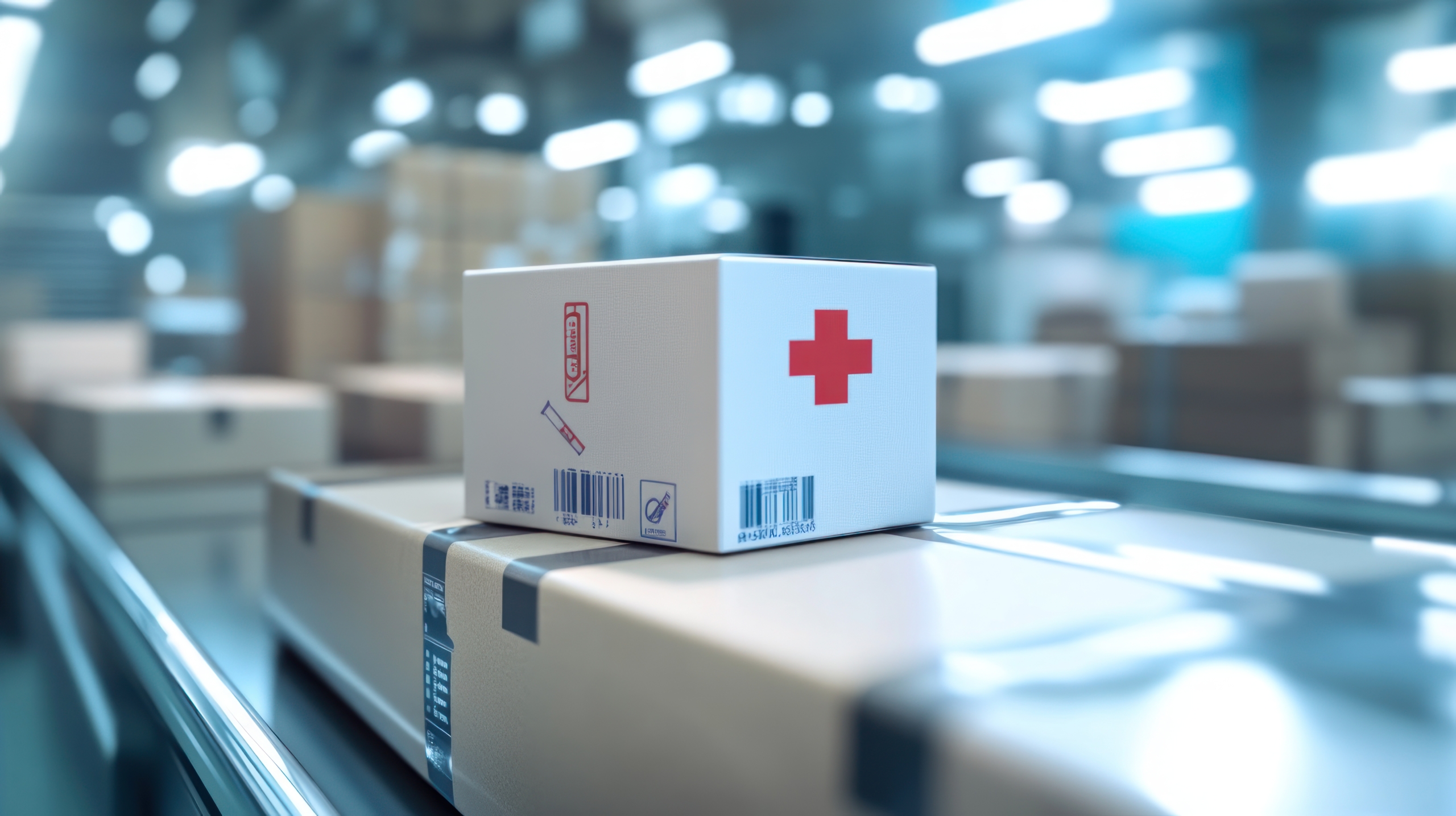 A medical package on a conveyor belt among other boxes in a distribution center. A medical package on a conveyor belt among other boxes in a distribution center.