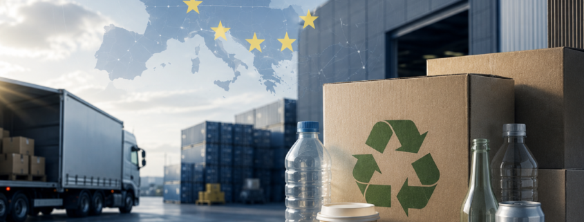 Envases reciclables y cajas de cartón en un centro logístico con un mapa de Europa al fondo